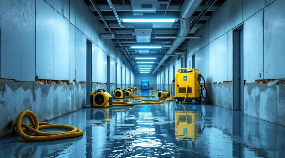 Professional restoration technicians using industrial water extraction equipment in a Richmond office building.