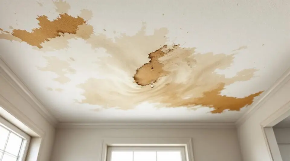 A professional technician using a moisture meter on a water-stained drywall ceiling in a Richmond home.