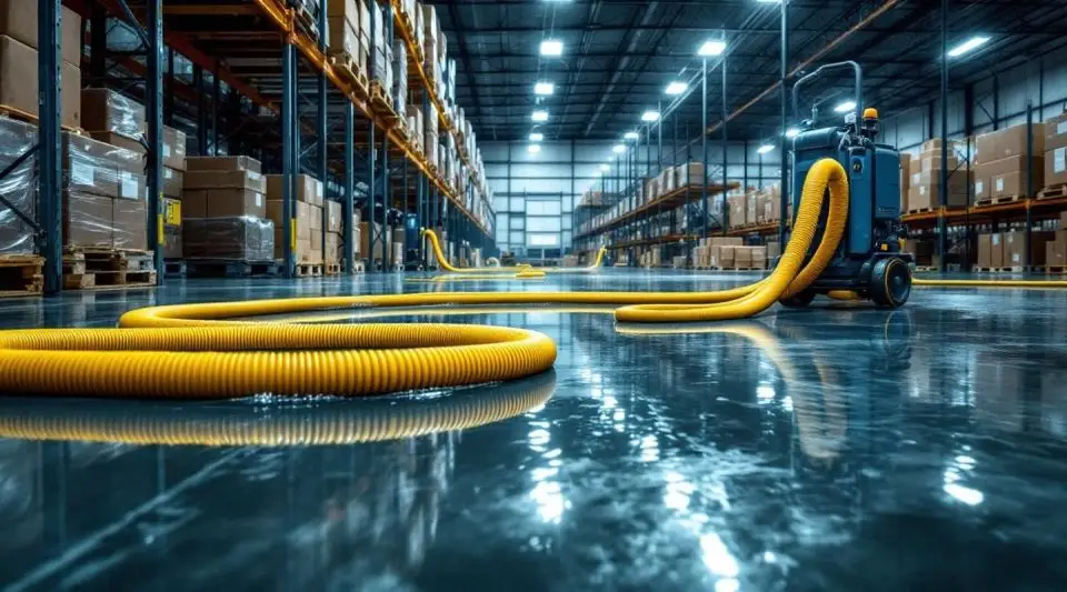 Industrial water extraction crew clearing a flooded warehouse floor in Richmond using high-volume pumps and vacuums.