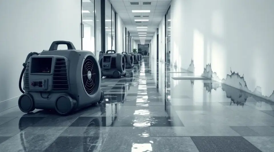 Commercial restoration technicians using industrial air movers and dehumidifiers in a flooded Richmond office building.