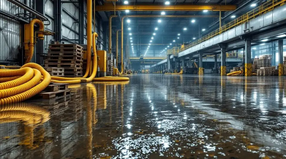 Professional restoration crew using industrial water extraction vacuums in a large flooded Richmond warehouse.