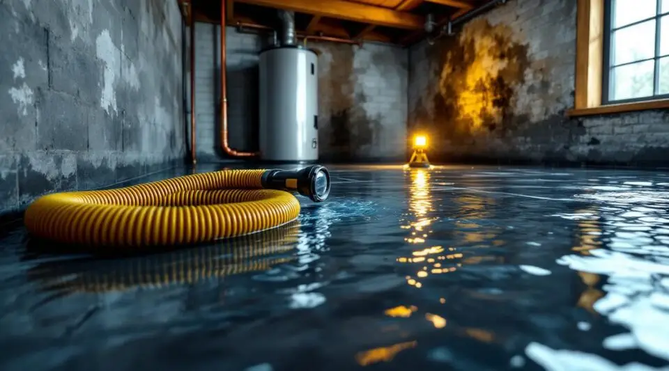 Clear Choice Restorations technician using a heavy-duty water extractor on a saturated living room in a Richmond home.