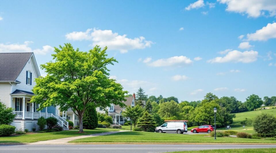 A professional restoration vehicle parked on a quiet residential street in Tuckahoe, VA, near a classic mid-century brick ranch home during a humid Virginia afternoon.